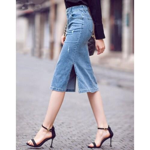 Women Denim skirt spring autumn Long section High waist Straight Denim skirt Women 1166