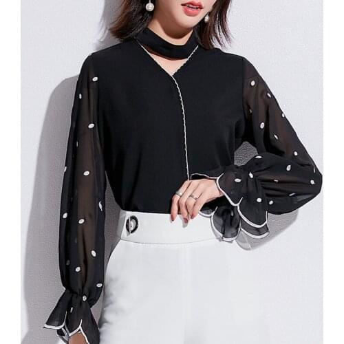 Autumn Spring Fashion Office Ladies Women Dot Pattern Ruffle Long Sleeve Black Chiffon Blouse Shirt , Female Woman loose Blouses