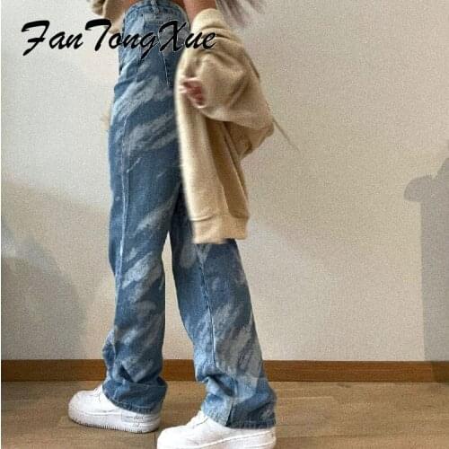 Straight Jeans Women 2021 Autumn Light Blue Print Streetwear Baggy Denim Pants Women High Waist Long Vintage Jeans for Womens