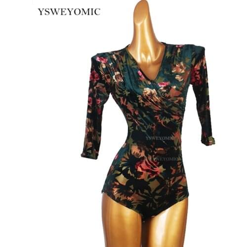 Women Latin dance Bodysuit middle sleeves Flower Print Gymnastics Trainning Modern standard Ballroom Dance Top Dance Costume