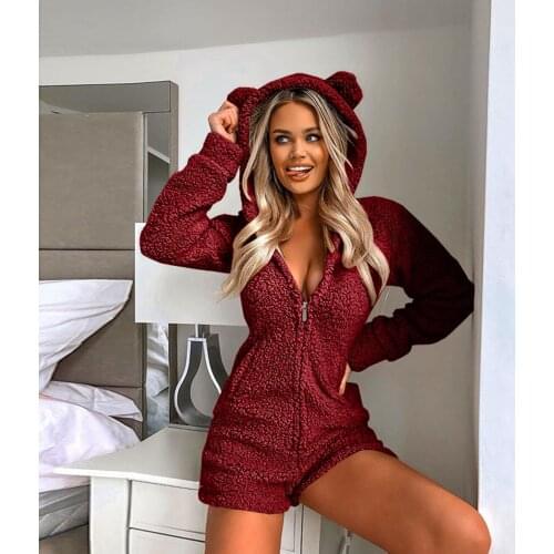 Women Casual Hooded Warm Plush Bodysuit Winter Rompe Playsuits Homewear Sleepwear Womens Pajamas Long Sleeve Jumpsuit Trousers