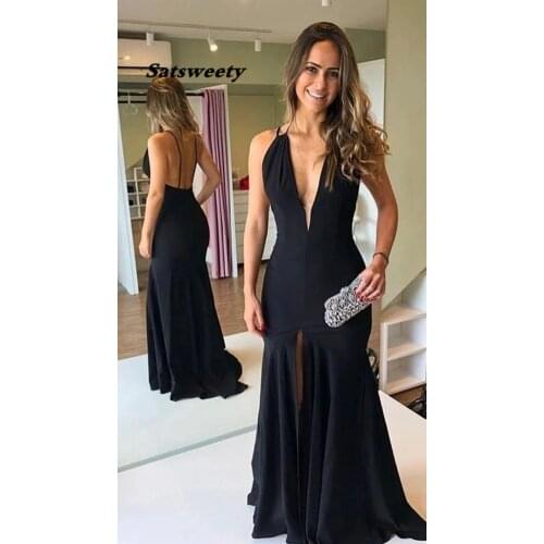 Elastic Satin Mermaid Evening Dress Long 2021 Vestidos De Fiesta Sexy Deep V-Neck Robe De Soiree Sexy Backless Suknie Wieczorowe