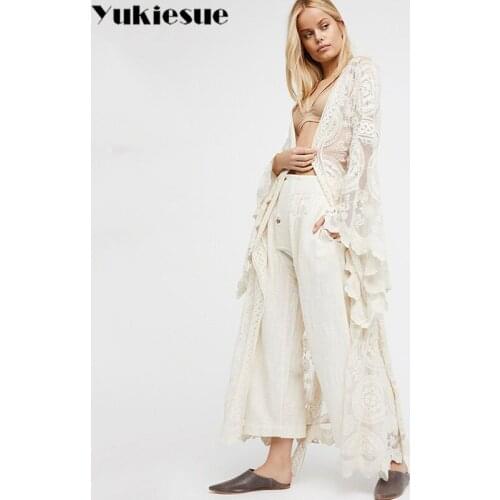 Lace Summer Tops 2019 Fashion Casual White Embroidery Long Women Clothes Batwing flare Sleeve Loose Kimono Cardigan