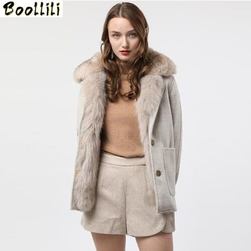 Boollili Real Rabbit Fur Coat Female Fox Fur Collar Woolen Coat Autumn Winter Jacket Women Korean Double Side Woolen Coats