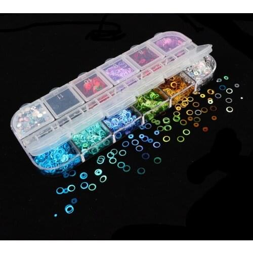 12 Grids/Box Mixed Size Dreamlike Rainbow Round Holo Circle Sequins Nail Glitter Paillette Nail Art Slice Sequins Decals Set