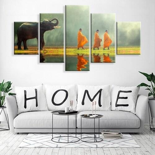Abstract Art Elephant and Buddish Wall Printed Canvas 5 Panels Religion Pictures For Living Room Modern Landscape Home Decor