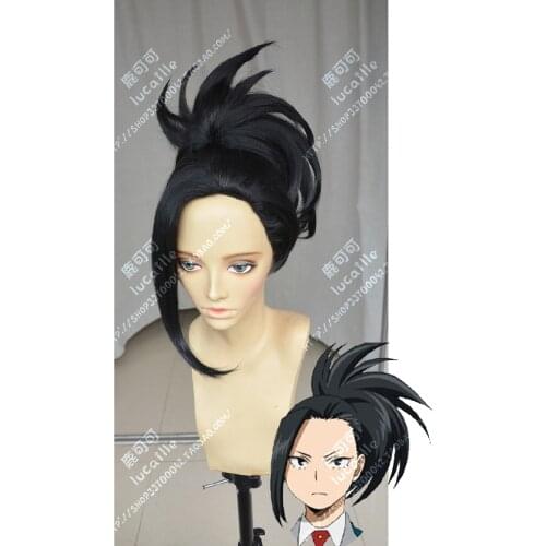 Anime My Hero Academia Baku no Hero Momo Yaoyorozu Short Black Ponytail Heat Resistent Cosplay Costumes Wig + Wig Cap