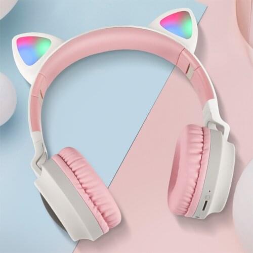 Bluetooth Headphones,Cat Ear LED Light Up Wireless Foldable Headphones Over Ear with Microphone and Volume Control for iPhone