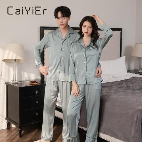 CAIYIER Solid Loves Pajamas Set Sexy Silk Satin Couple Sleepwear Men & Women Nightwear Long Sleeve Casual Winter Homewear M-3XL