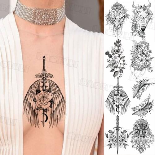 Black Angel Wings Sword Rose Flower Temporary Tattoos For Women Adult Fake Rose Tattoo Sticker Realistic Tiger Whale Tatoos