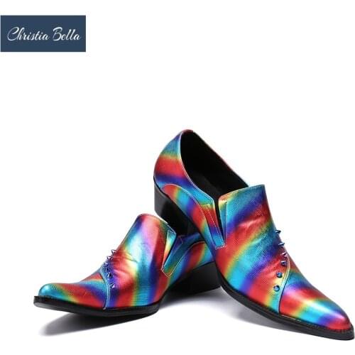 Christia Bella New Colorful Leather Men Loafers with Rivet Prom and Party Men Flats Slip On Driving Shoes Smoking Slippers Men