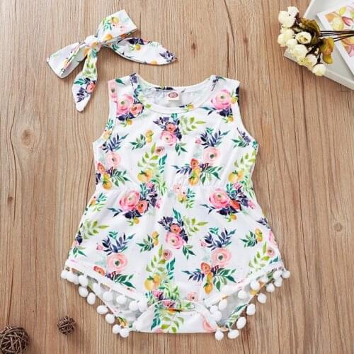 Summer Baby Girl Rompers with Headband Cotton Infant Sleeveless Tassel Design Fruit Flower Print Romper Newborn Romper