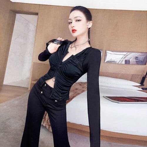 Design Wrinkle Suit Womens Early Autumn 2021 Solid Color Slim Top Fashion High Waist Flared Pants Sexy Two Piece Tracksuit Set