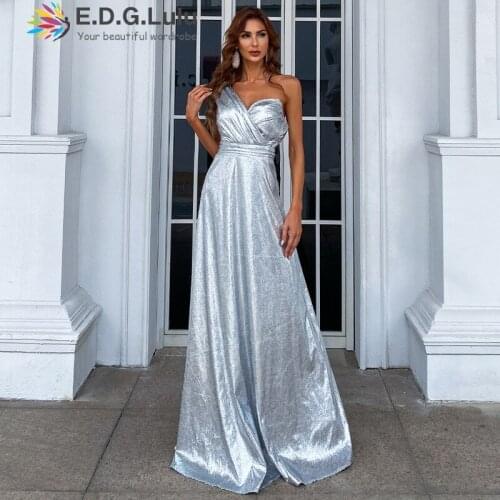 EDGLuLu 2021 Women Sexy One Shoulder Backless Silver Sequins Maxi Dress Elegant Sleeveless Evening Dress Long Party Dress 0619