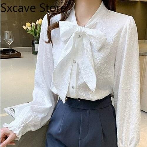 Long Sleeve Bow Elegant Shirts Office Lady Korean Style Design Vintage Blouse and Tops Women 2021 Autumn Button Y2k Tops Chic