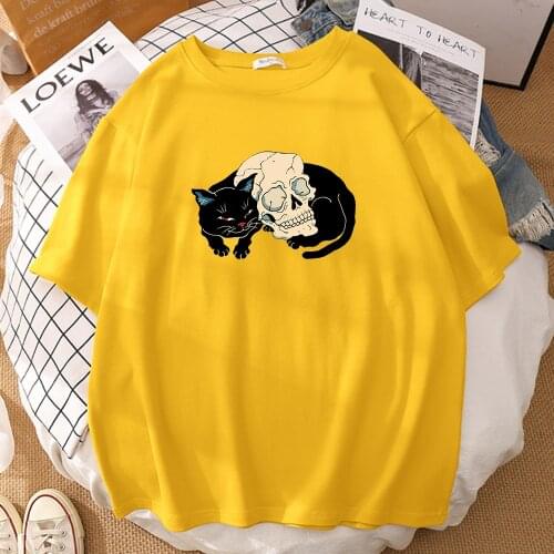 Black Cat With Bone Head Printing Clothing Regular Sleeve Womens Tshirts Summer Loose T-Shirts Oversized Cotton T-Shirt Mans