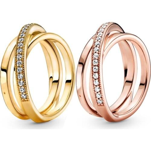 30% Silver Plated Rose Gold Shine Crossover Pavé Triple Band Fashion Ring For Pandora Women Bead Charm Gift DIY Jewelry