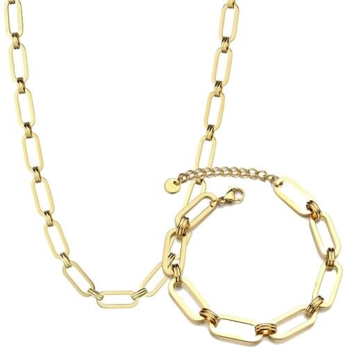 316L Stainless Steel Simple Thick Chain Necklace Bracelet Set Titanium Steel Hip Hop Double Cross Chain Jewelry Set