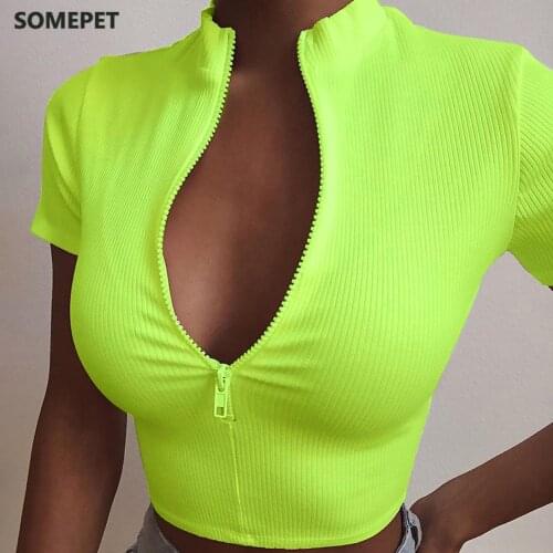 Sexy Zip Up Knitted Crop Top T shirt Women Summer V-neck Casual Short Sleeve Work Out Shirt White Black Fluorescent Green Mujer