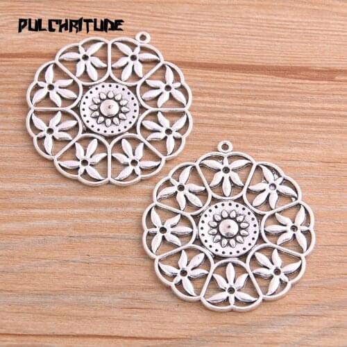 2PCS 44*47mm Metal Alloy Antique Silver color Color Round Flower Charms Pendants For Jewelry Making DIY Handmade Craft