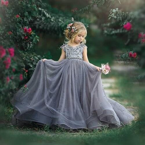 Princess Lace Ball Gown Bling Beaded Flower Girl Dress Girls Pageant Gowns New Bow First Communion Dresses For Wedding Gray