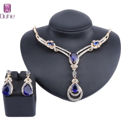 Exquisite Blue Zircon Crystal Necklace Earring Bridal Jewelry Sets For Women Gift Party Wedding Prom