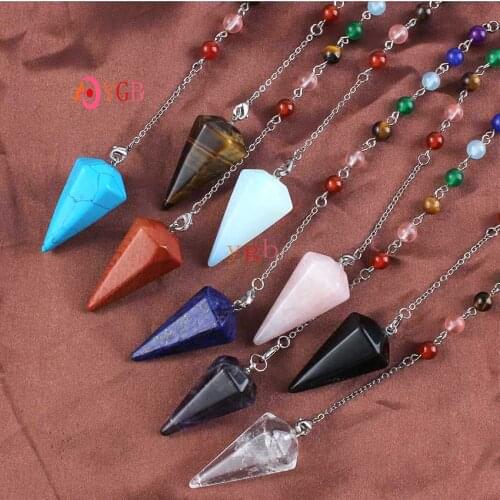 Natural mixture Gem Stone Hexagon Pyramid Reiki Pendulum Pendant Charms +7Chakra stone Amulet European Fashionable Jewelry