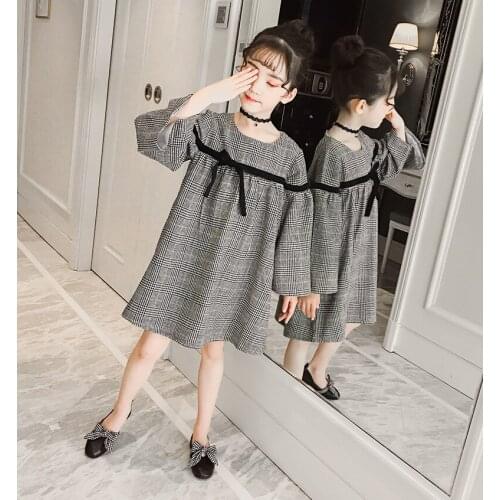 Girls Long Sleeve Princess Dresses Spring Fall New Childrens Fashion Butterfly Knot Doll Dress Baby Kids Plaid One Piece B238