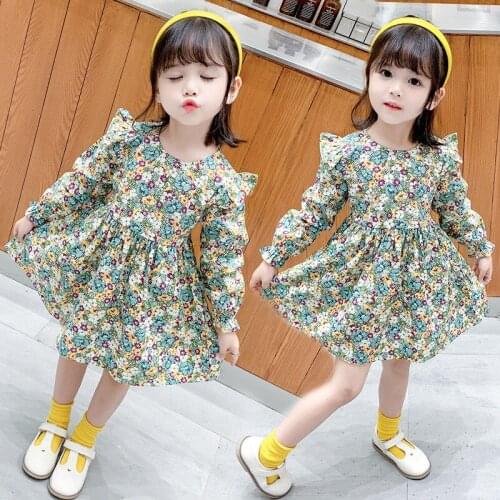 Girls Floral Dresses Korean Fashion Baby Girl Spring Casual Vestidos Autumn Long Flying Sleeve Children Cotton Costumes