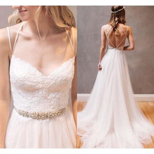 Beach Wedding Dress Tulle A Line Spaghetti Straps Lace Appliques Robe De Mariee 2019 Sexy Bridal Dresses Boho Wedding Dress