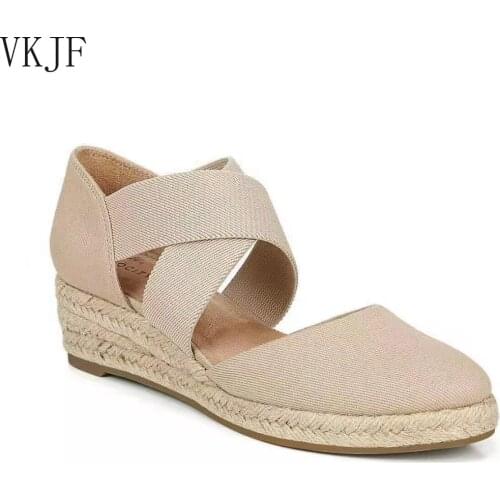 Wedges Sandals For Women Stretch Fabric Cross Shoes Woman 2021 Summer Casual Hemps Heels Ladies Pumps Footwear Plus Size 36-43