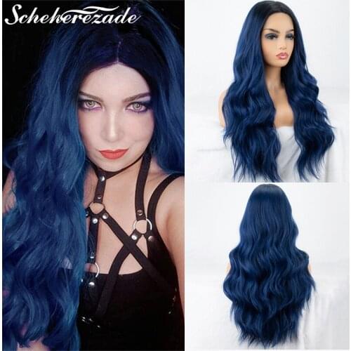 Scheherezade 13×3 Dark Blue Lace Front Wig Heat Resistant Fiber Long Wavy Ombre Synthetic Wigs For Women Cosplay Lace Front Wigs