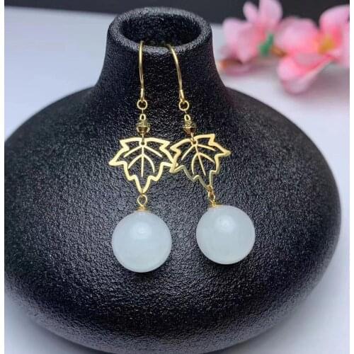 Natural White jade gem drop earrings 18k yellow gold natural gemstone earrings precious Leaves women office gift fine jewelry