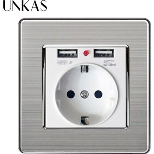 UNKAS EU Socket With Dual USB Charging Port 2.1A Wall Charger Adapter Power Outlet PC Panel White New Luxury
