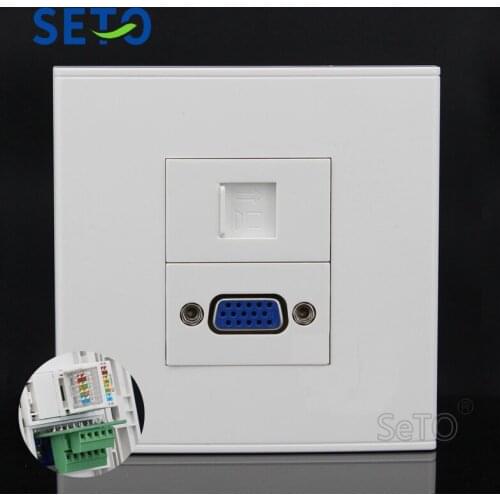 SeTo 86 Type Double Port RJ45 Cat5e Network + VGA Panel Wall Plate Socket Keystone Faceplate