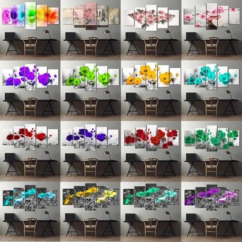 Modern Canvas Painting 5 Pieces Combination Flower Poster Abstract Color Flower Red Pink Blue Green Decoration Living Room Wall