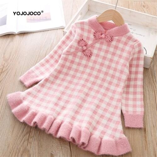 Baby girl sweater autumn and winter thick warm dress girl rabbit fur knitted sweater dress Chinese style retro cheongsam dress