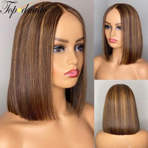 TOPODMIDO Highlight Blonde Brown Color Short Hair Bob Cut Wigs with Baby hair 13X6X1 Brazilian Human Hair Lace Front Wigs 150
