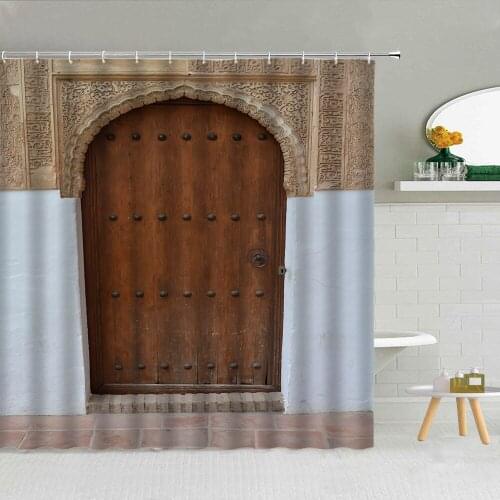 Vintage Wood Door Shower Curtains Antique Stone Flower Green Plant Polyester Fabric Bathroom Supplies With Hooks Cloth Curtain
