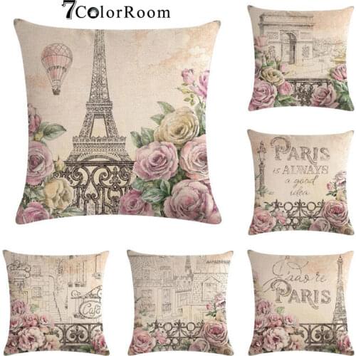 Vintage Paris Flower Cushion Cover Eiffel Tower Throw Pillow Covers 45x45cm Pillow Case Cotton linen Pillowcases Home Decorative
