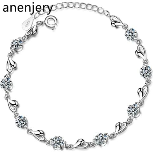 ANENJERY 925 Sterling Silver Delicate Zircon Love Heart Shaped Bracelets For Women Valentines Gift Wedding Jewelry S-B227