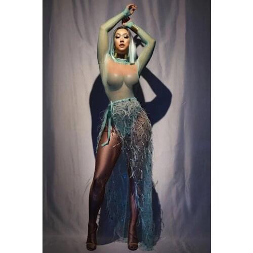 Fashion Two Piece Set Top and Skirt Long Sleeve Bodysuit Sequins Mesh Feather Long Skirt Women Nightclub Birthday Party Outfit
