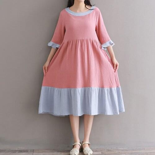 Latest summer fashion half sleeve casual midi pink cotton dress for women