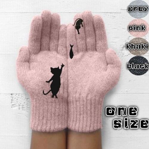Winter Warm Cold Cashmere Gloves Thick Cartoon Kitten And FishPrint Wool Knitted Full Finger Gloves Men And Women Gloves