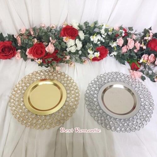 10pcs/lot Gold/Silver Crystal Metal Charger Dishes/Plates with 3 Layers Beaded for Wedding Table Home decoration