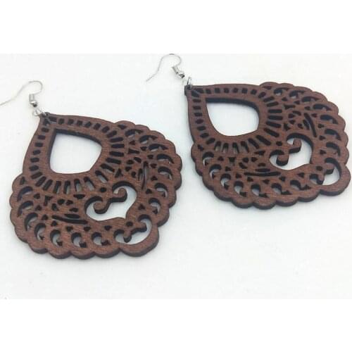 12 Pairs Good Quality Wood Earrings Organic brown Hollow African Woman Wooden Brincos Pendant 6*7cm/2.4*2.7