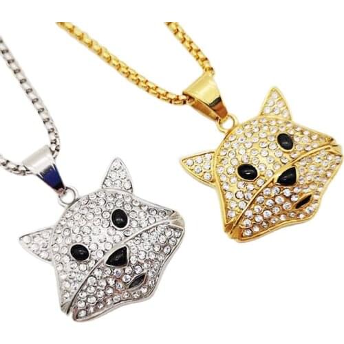 2021 SS New Romatic Bling Bling Full Rhinestones Animal Fox Pendant Necklace Men Women Fashion Stainless Steel Fox Necklace