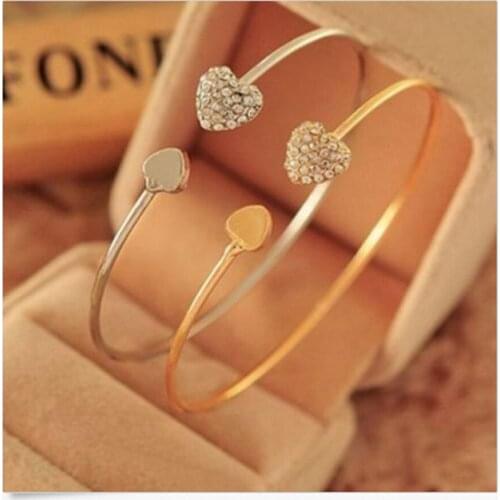 2020 Hot Fashion Adjustable Crystal Double Heart Bow Bilezik Cuff Opening Bracelet For Women Jewelry Gift Mujer Pulseras