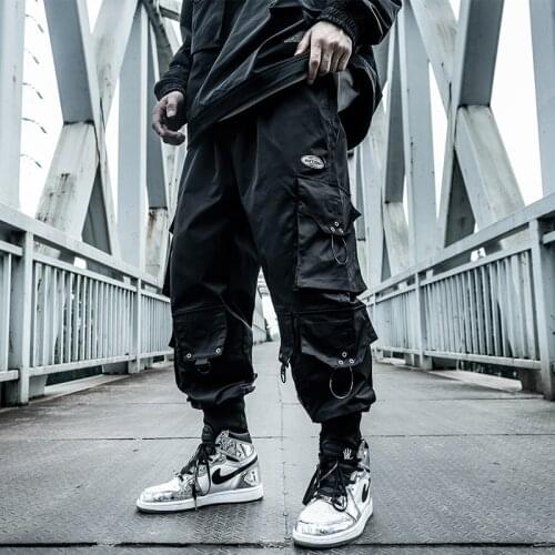 Harajuku Paratrooper Pants Mens clothes Loose Trendy Hip Hop Drawstring Cargo Pants Multi-pocket Drawstring Overalls Hip hop