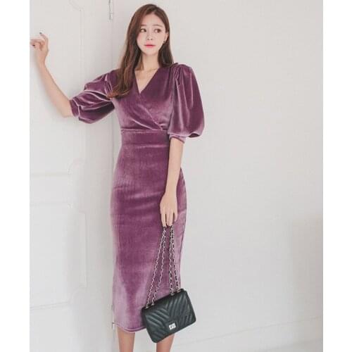 V-neck Elegant Puff Sleeve Velvet Dress Women Slim Waist Evening Special Occasion Mid-length Pencil Dresses Female Vestidos